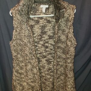 Charter Club Knit Vest with Faux Fur Trim - Brown and Cream Sz Petite Small